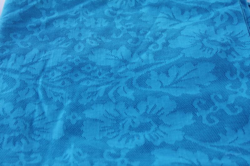 90s retro aqua blue jersey knit cotton poly fabric, floral lace allover pattern