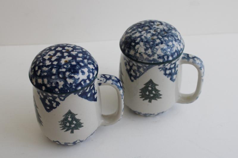 90s vintage Cabin in the Snow Folk Craft S&P set, large salt and pepper shakers