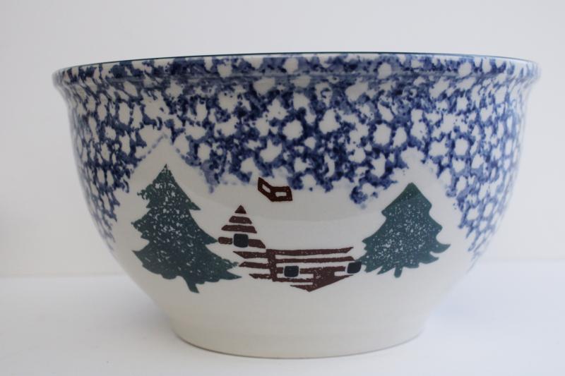 90s vintage Cabin in the Snow Folk Craft sponge ware stoneware bowl, big mixing bowl