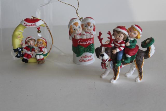 90s vintage Campbell's Soup Christmas ornaments, kids in soup can, St Bernard dog