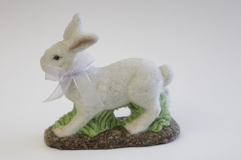 90s vintage Easter bunny figurine, sugared glass beaded white rabbit Midwest of Cannon Falls