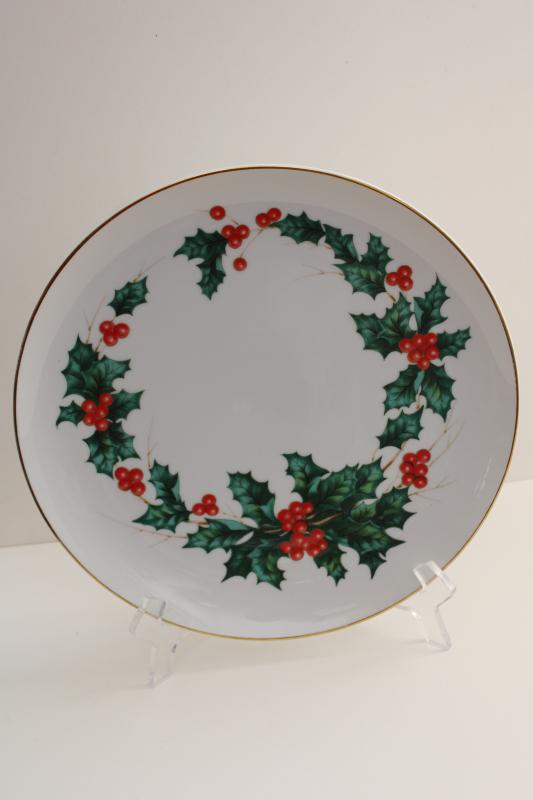 90s vintage Lefton Japan Christmas boughs of green & red holly china plate