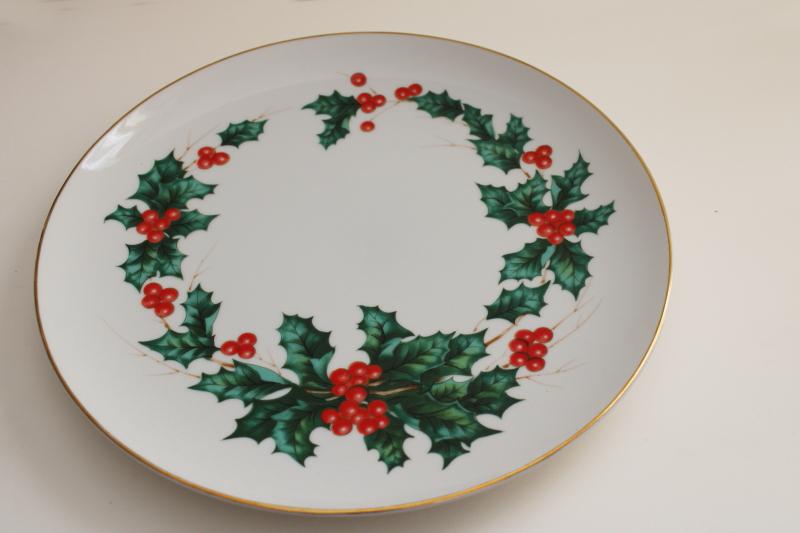 90s vintage Lefton Japan Christmas boughs of green & red holly china plate