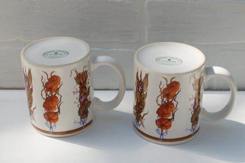 90s vintage Otagiri ceramic mugs, fall harvest bunches of herbs drying, corn-pumpkins