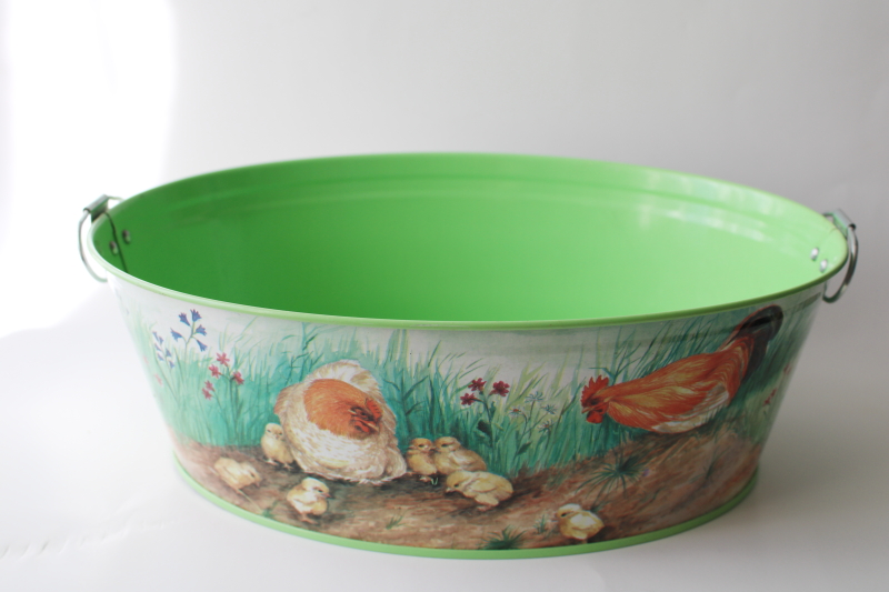 90s vintage Schylling tin tub Easter basket w/ hen  chickens, springtime planter pot