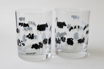 90s vintage Woody Jackson holstein cows print drinking glasses, double old fashioned tumblers