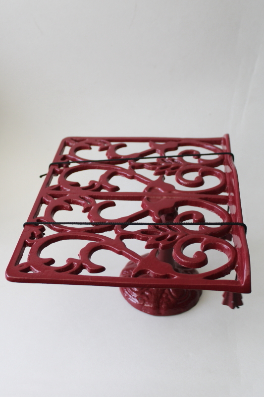 90s vintage barn red enamel cast iron book stand reading easel for music or cookbook