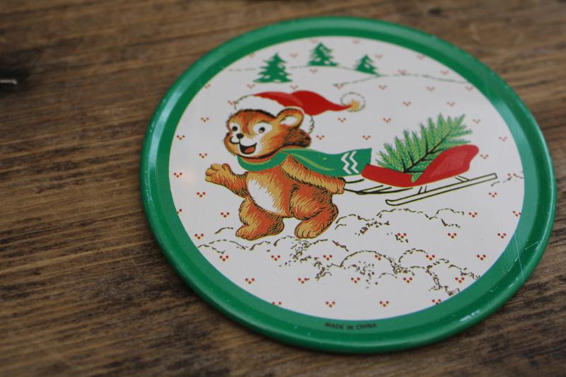 90s vintage coaster set, Christmas bear w/ tree print metal drink coasters