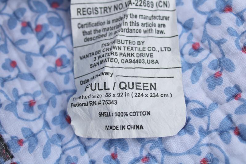 90s vintage cotton comforter quilt bedspread pale blue paisley ditsy print, queen size 