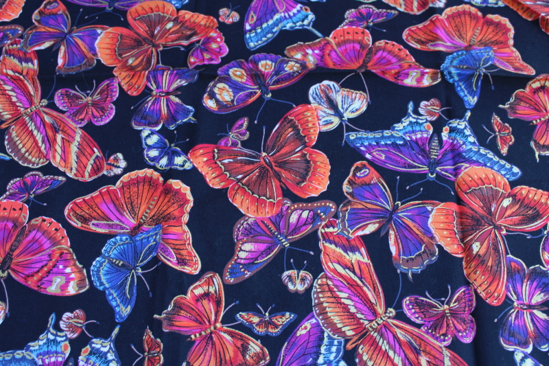 90s vintage cotton fabric, butterfly motifs butterflies in jewel colors w/ metallic gold