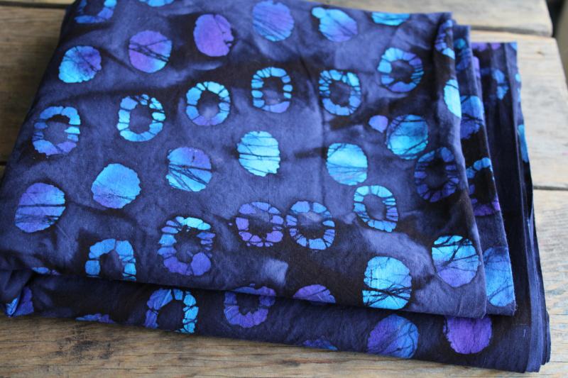 90s vintage cotton fabric, shibori style hand dyed resist print ink blue, aqua, purple