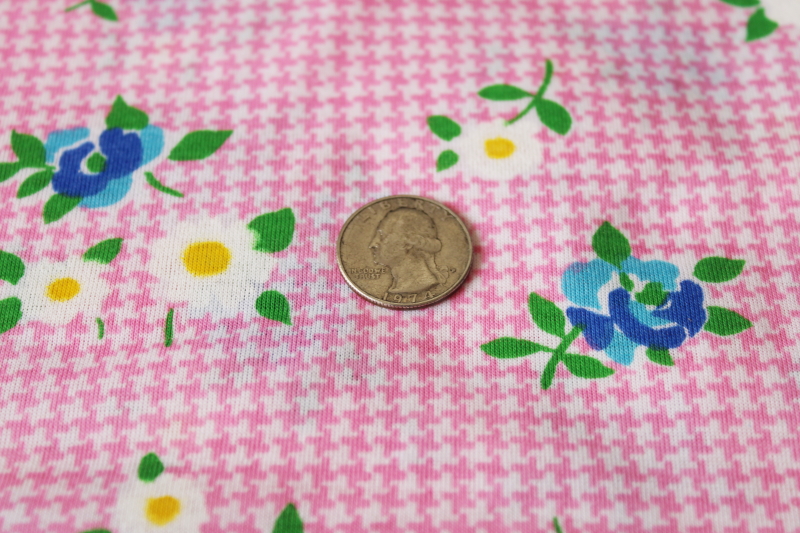 90s vintage cotton poly jersey knit fabric, retro pink checked print w/ flowers