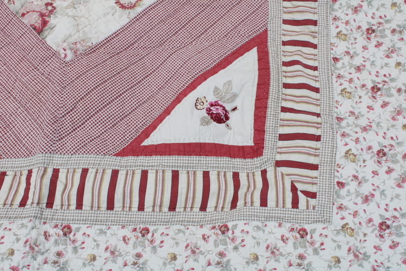 90s vintage cotton quilt, country floral prints soft faded red  rose pink
