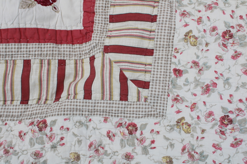 90s vintage cotton quilt, country floral prints soft faded red  rose pink