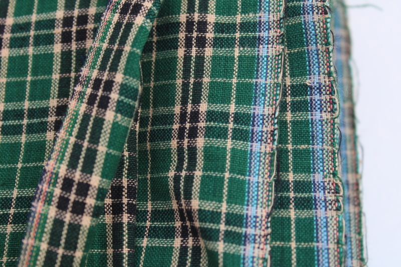 90s vintage cotton shirting work shirt fabric, small checked plaid in green, mustard, black