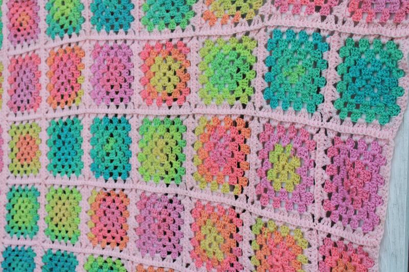 90s vintage crochet granny squares afghan blanket, baby pink w/ neon colors