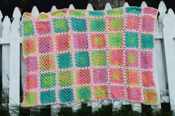 90s vintage crochet granny squares afghan blanket, baby pink w/ neon colors