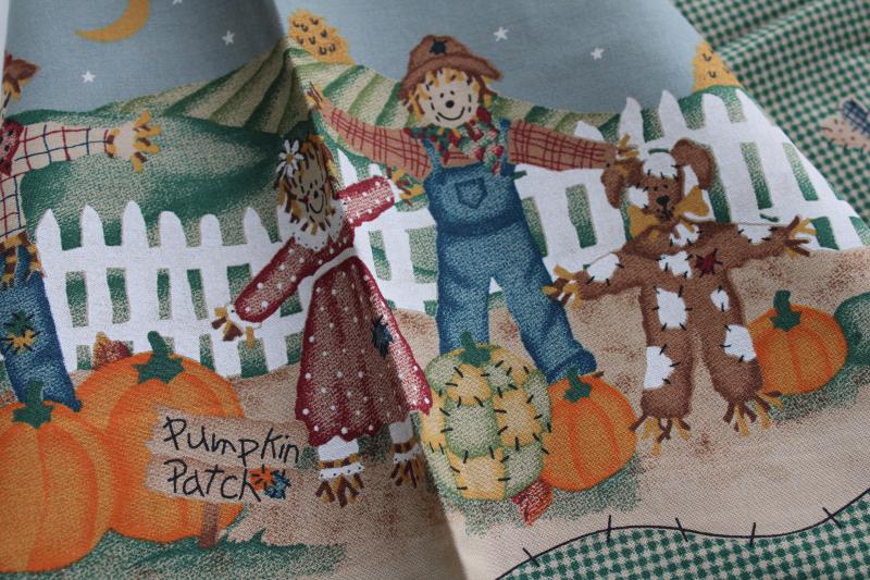 90s vintage fabric, border print country fall scarecrow family pumpkin patch gingham