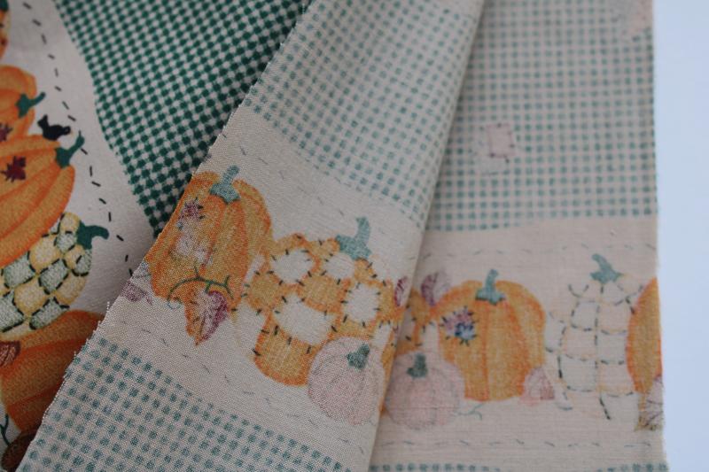 90s vintage fabric, border print country fall scarecrow family pumpkin patch gingham