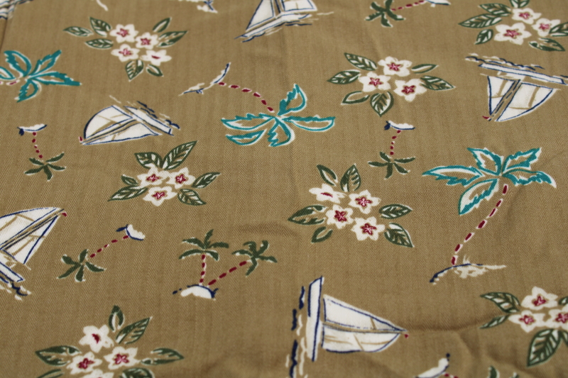 90s vintage fabric, coastal style print sailboats palm trees, rayon w/ herringbone stripe weave