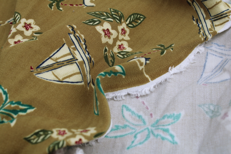 90s vintage fabric, coastal style print sailboats palm trees, rayon w/ herringbone stripe weave