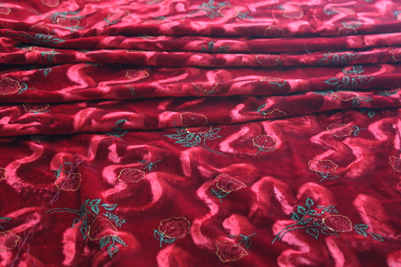 90s vintage fabric, crimson crushed velvet w/ floral in machine embroidery