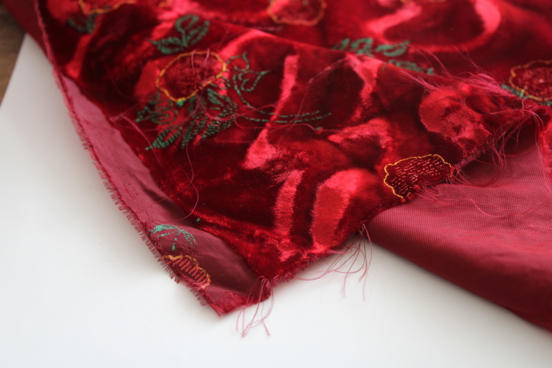 90s vintage fabric, crimson crushed velvet w/ floral in machine embroidery