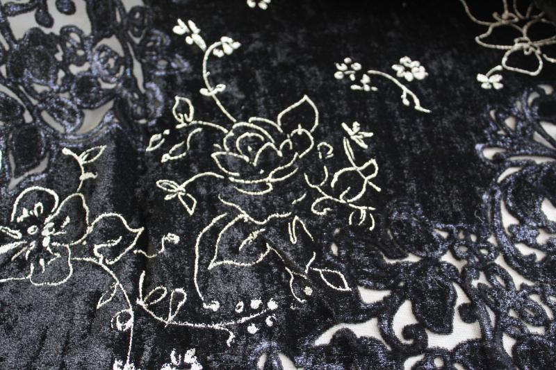 90s vintage fabric, stretch black velvet w/ sheer burnout, silver embroidery