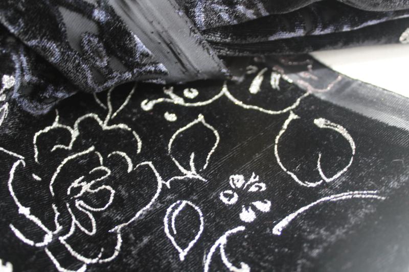 90s vintage fabric, stretch black velvet w/ sheer burnout, silver embroidery