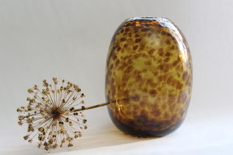 90s vintage glass vase, tortoise shell or leopard print pattern in amber / brown