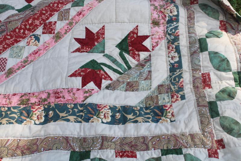 90s vintage hand stitched cotton quilt, queen size bedspread w/ flowers & vines