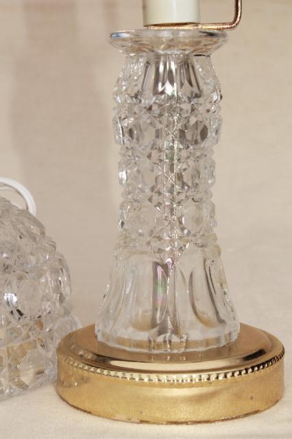 90s vintage heavy crystal clear glass table lamp, vase base w/ bowl shaped lamp shade