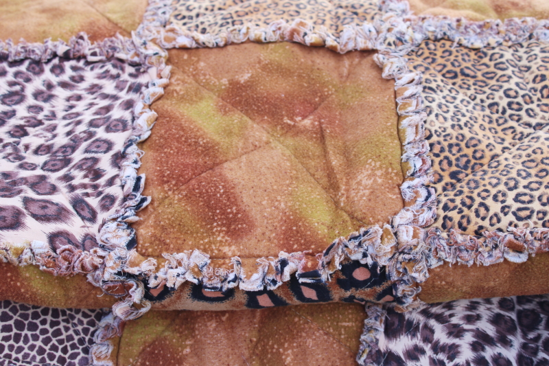90s vintage leopard spots tiger cheetah print throw blanket, handmade rag quilt