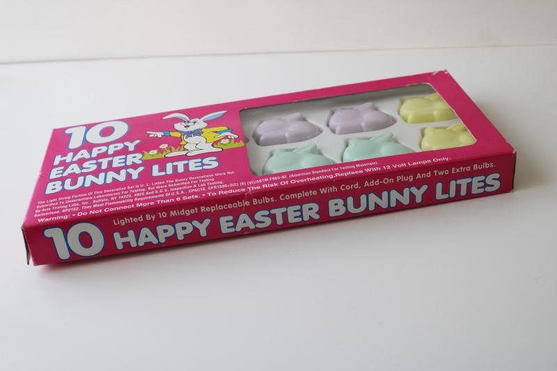 90s vintage mini lights w/ pastel plastic bunnies, Easter tree or window decoration