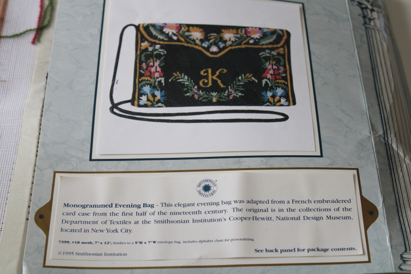 90s vintage needlepoint kit for evening bag, museum reproduction French card case floral on black