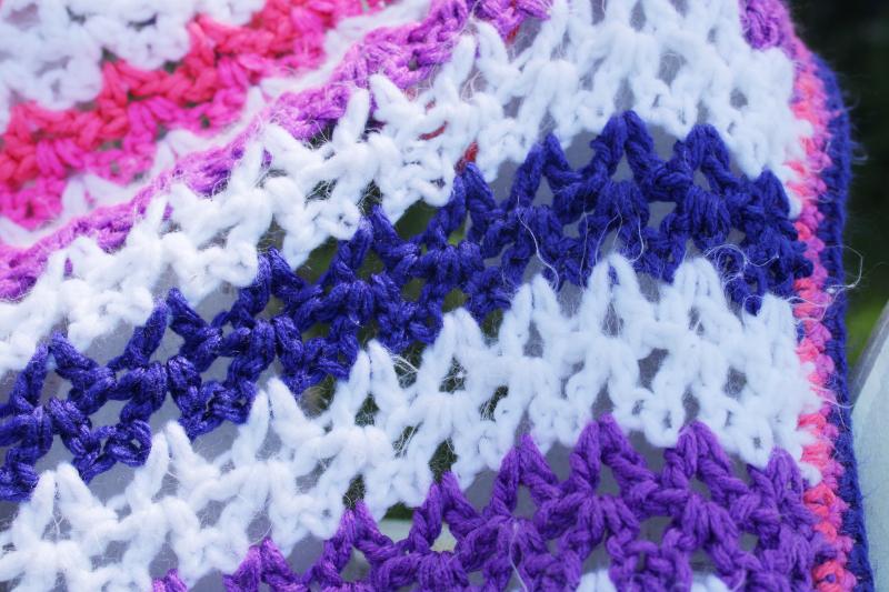 90s vintage neon pink / purple striped crochet afghan, small blanket or throw