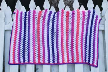 90s vintage neon pink / purple striped crochet afghan, small blanket or throw