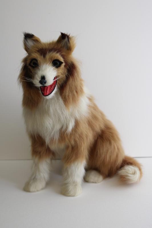 90s vintage real fur large collie dog, statue or figurine (not a toy) made in China