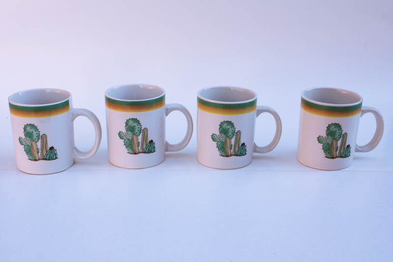 90s vintage southwest stripes cactus print ceramic mugs set of 4, Meiwa China