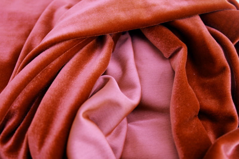 90s vintage stretch velvet fabric, retro satiny velour russet red orange color