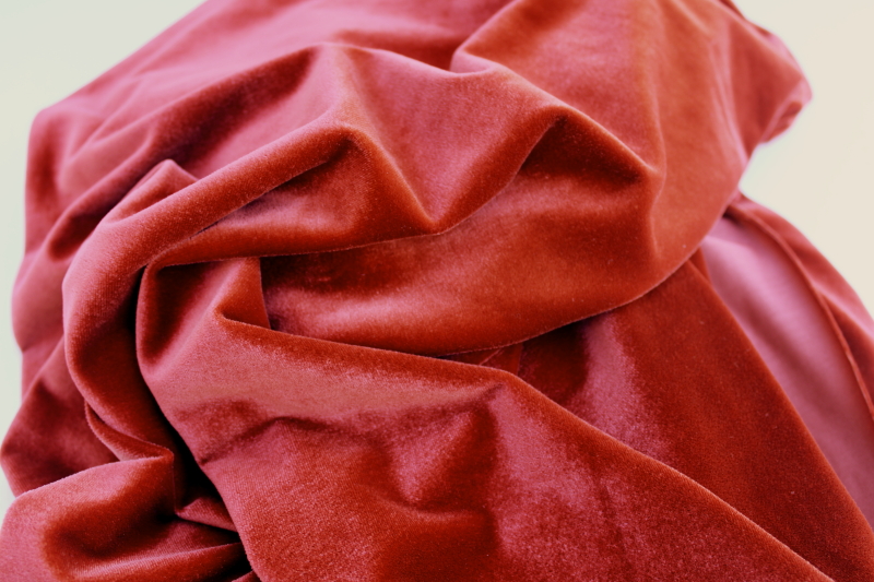 90s vintage stretch velvet fabric, retro satiny velour russet red orange color