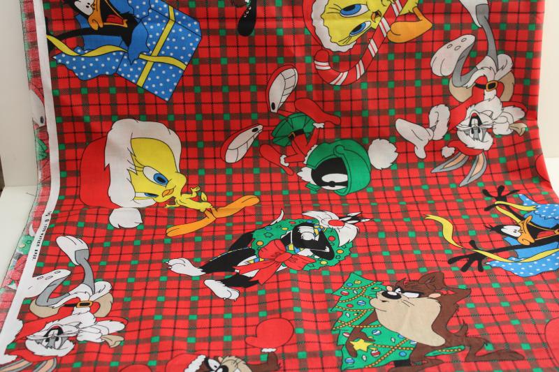 990s vintage fabric, Christmas print Looney Tunes cartoon characters