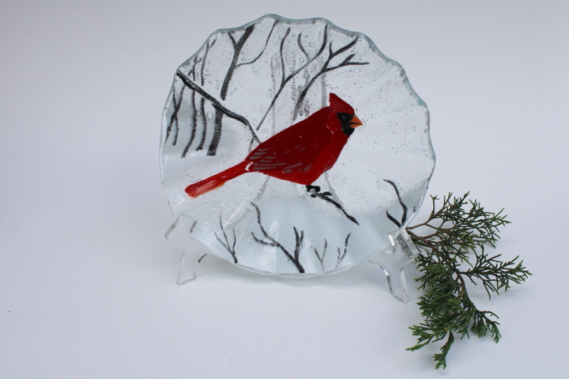 AC Ross signed art fused glass plate, cardinal bird in winter Christmas