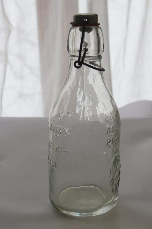 Absolutely Pure Milk glass dairy bottle, 80s vintage antique reproduction w/ bail top 