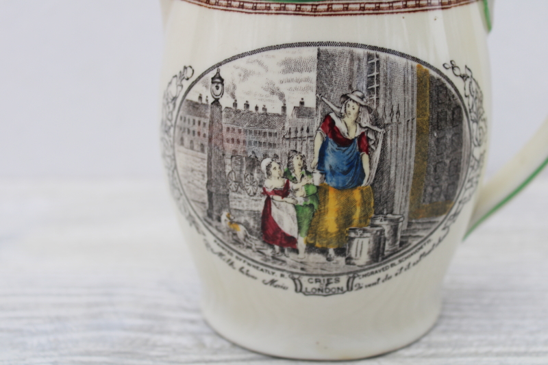 Adams England china milk jug, Cries of London milkmaids transferware vintage cream pitcher
