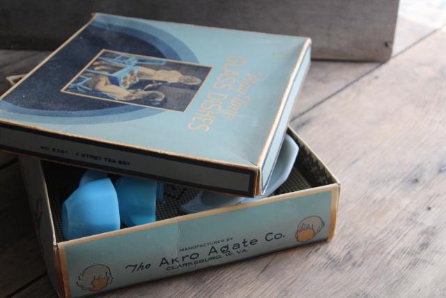 Akro Agate depression glass vintage doll dishes child size tea set, delphite blue & white milk glass