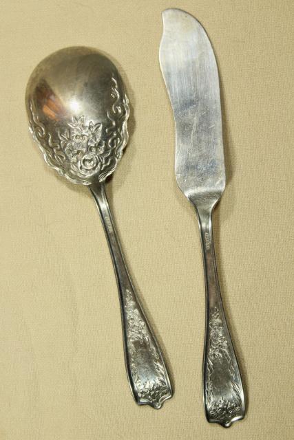 Alaska pattern silverware serving pieces, ornate antique silver plate flatware