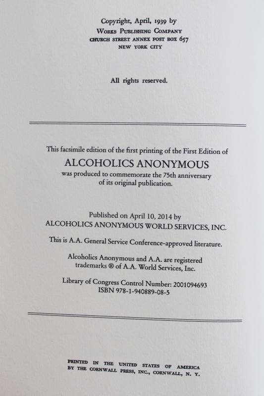 Alcoholics Anonymous 1939 1st edition facsimile copy, collector's book w/ dust jacket