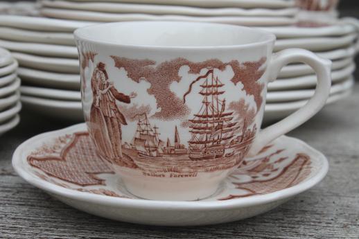 Alfred Meakin Fair Winds vintage brown transferware china set for 8, tall ships sailing
