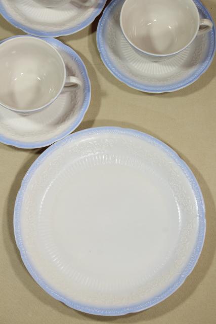 Alice blue / ivory Anchor Hocking Fire King cups & saucers dinner plate, 1940s vintage